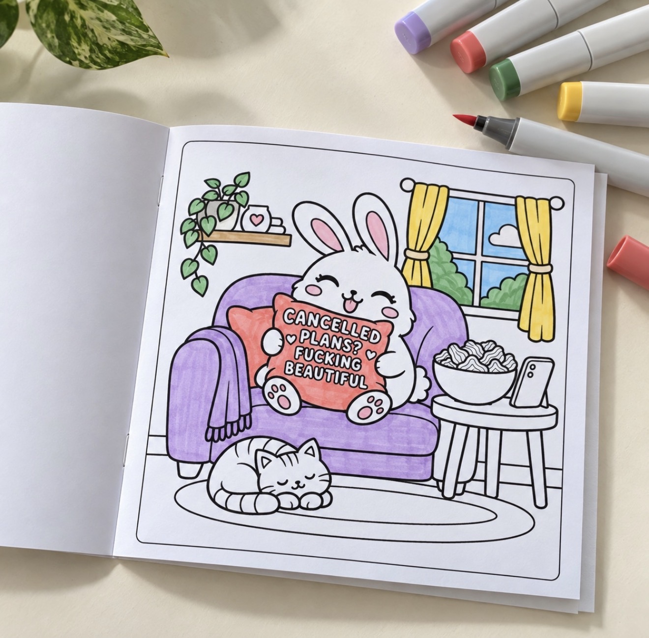 Cosy armchair bunny colouring page