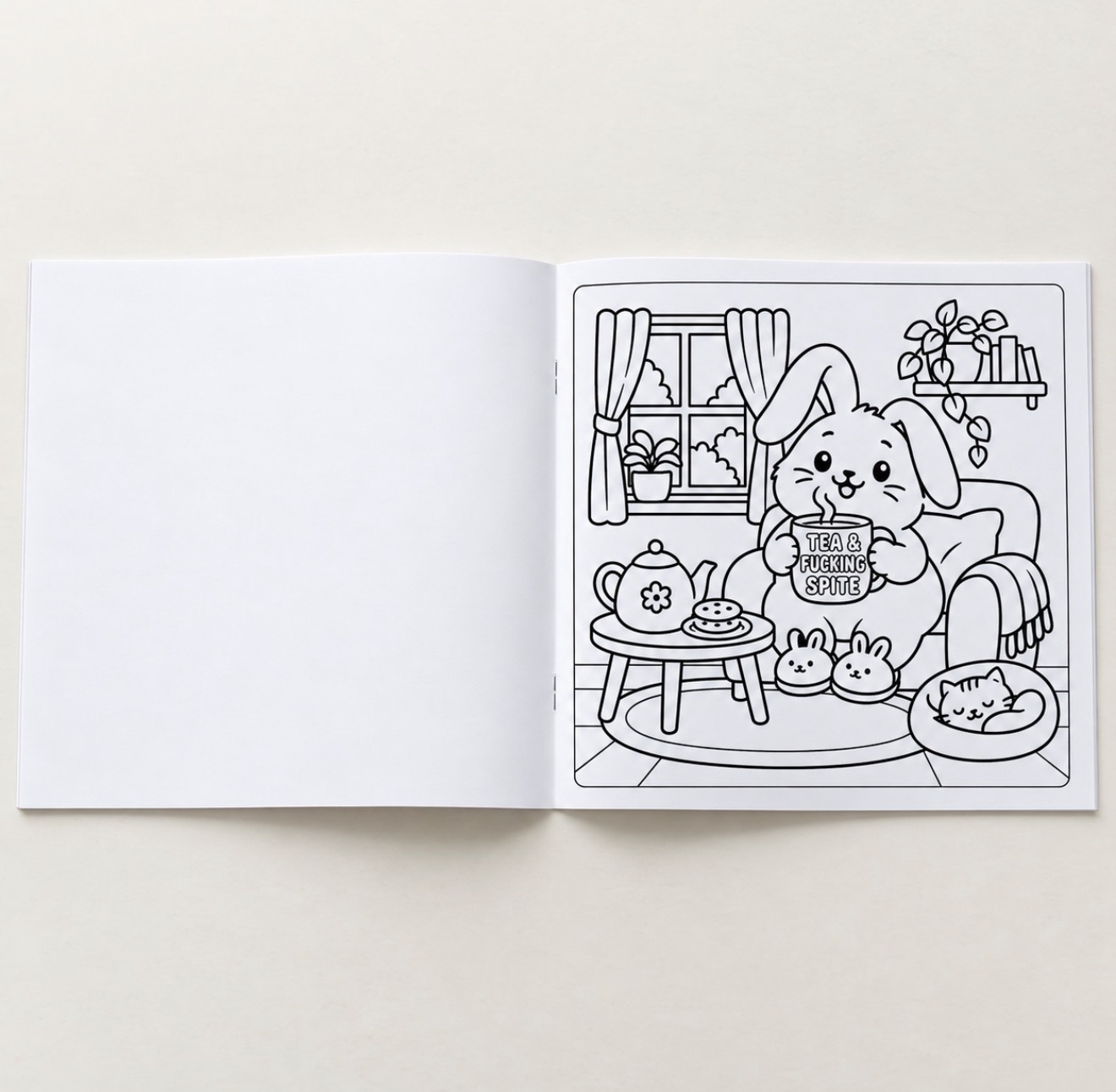 Uncoloured cosy bunny line artwork inside the book