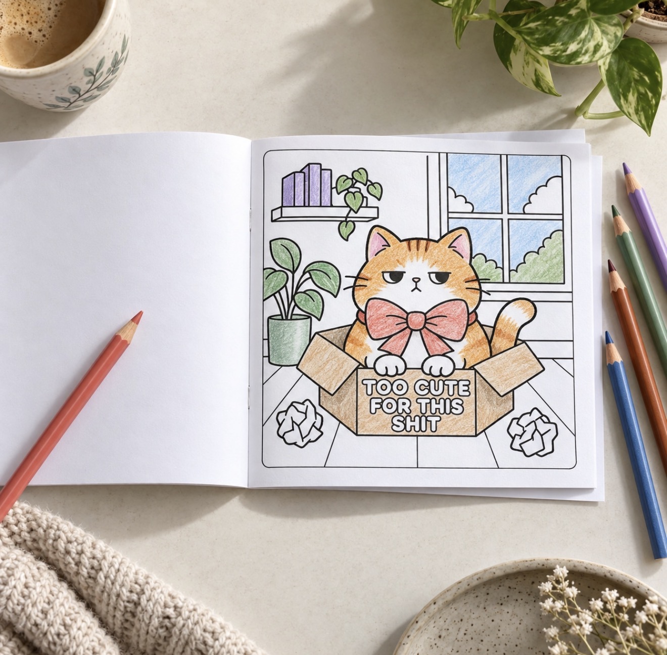 Cute cat colouring design with plants and pencils