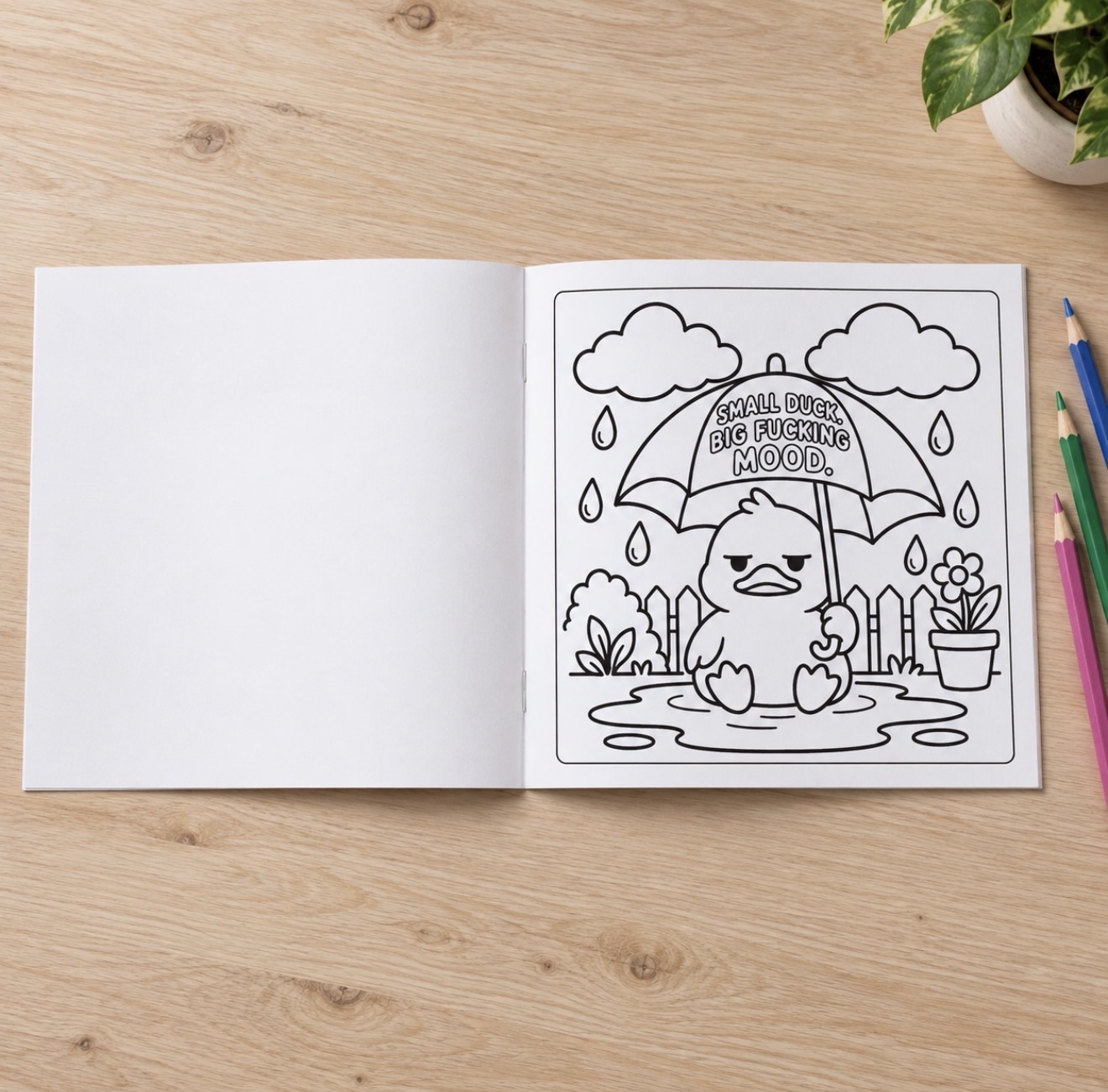 Uncoloured rainy-day duck design inside the book