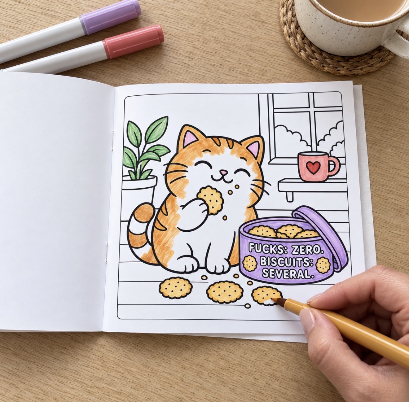 Cat colouring page being coloured beside a drink